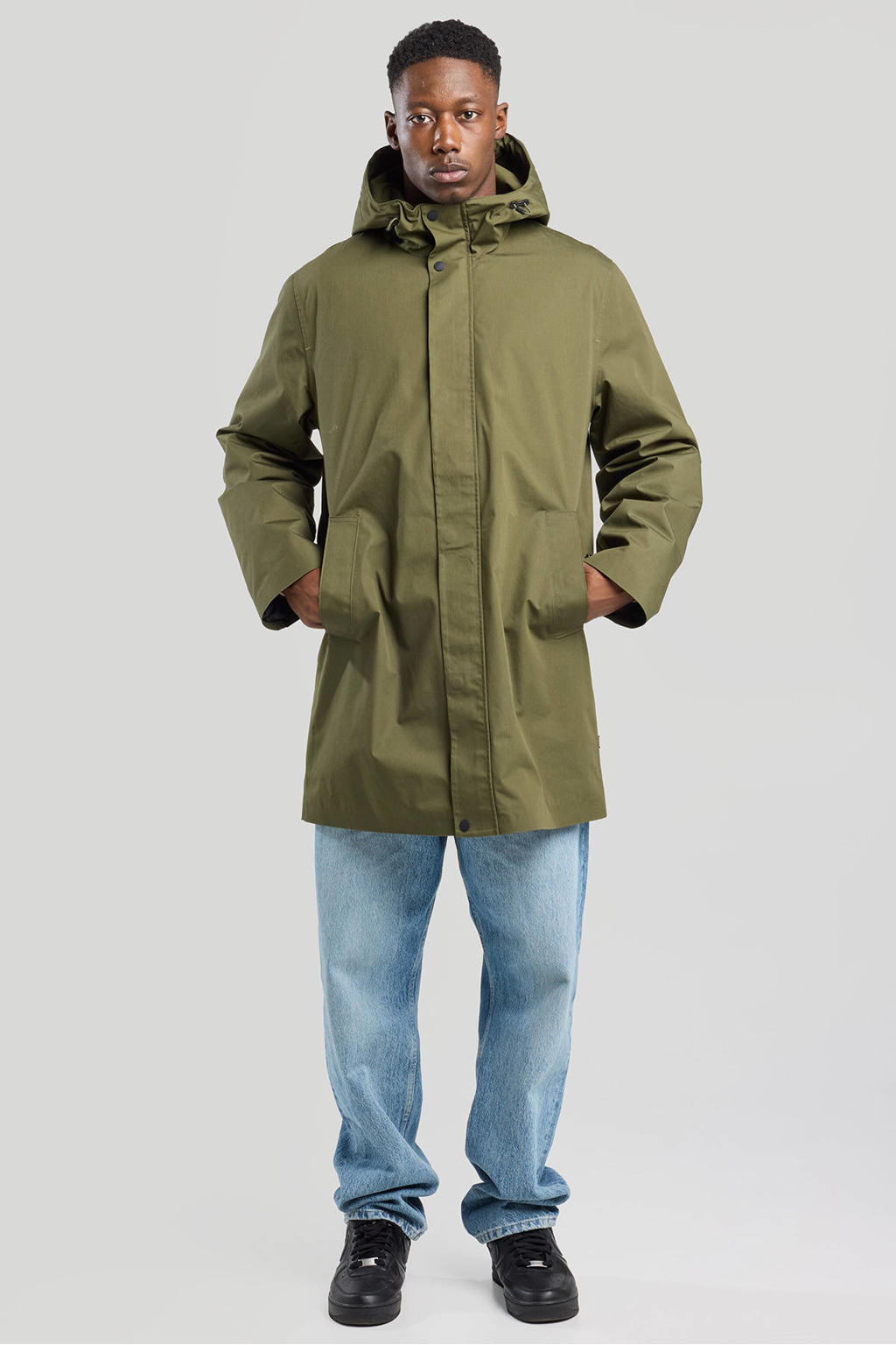 Groene heren America Today jas van polyester met effen, capuchon en rits- en knoopsluiting