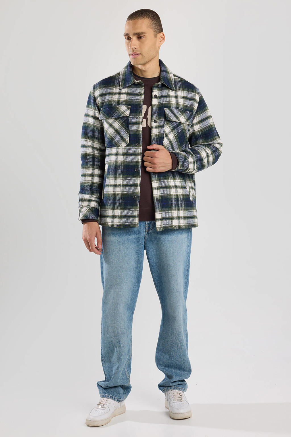 Blauwe heren America Today geruit overshirt van polyester met lange mouwen, klassieke kraag en drukknoopsluiting