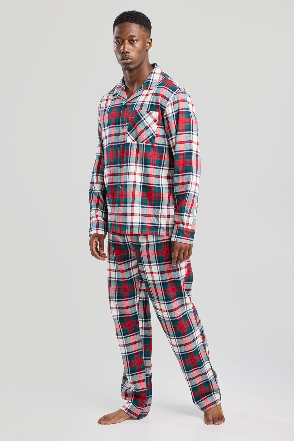 Rood, groen en witte heren America Today flanellen pyjamatop Nathan met ruitenprint, lange mouwen en reverskraag