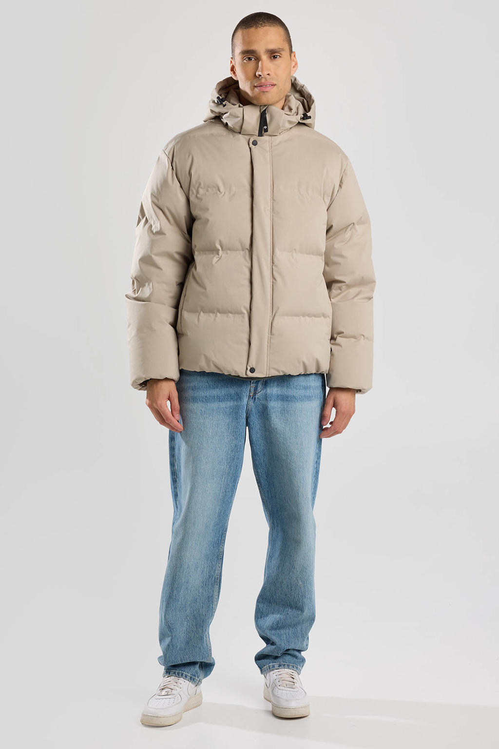 Beige heren America Today gewatteerde winterjas van polyester met effen, lange mouwen, capuchon en rits- en knoopsluiting