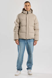 thumbnail: Beige heren America Today gewatteerde winterjas van polyester met effen, lange mouwen, capuchon en rits- en knoopsluiting