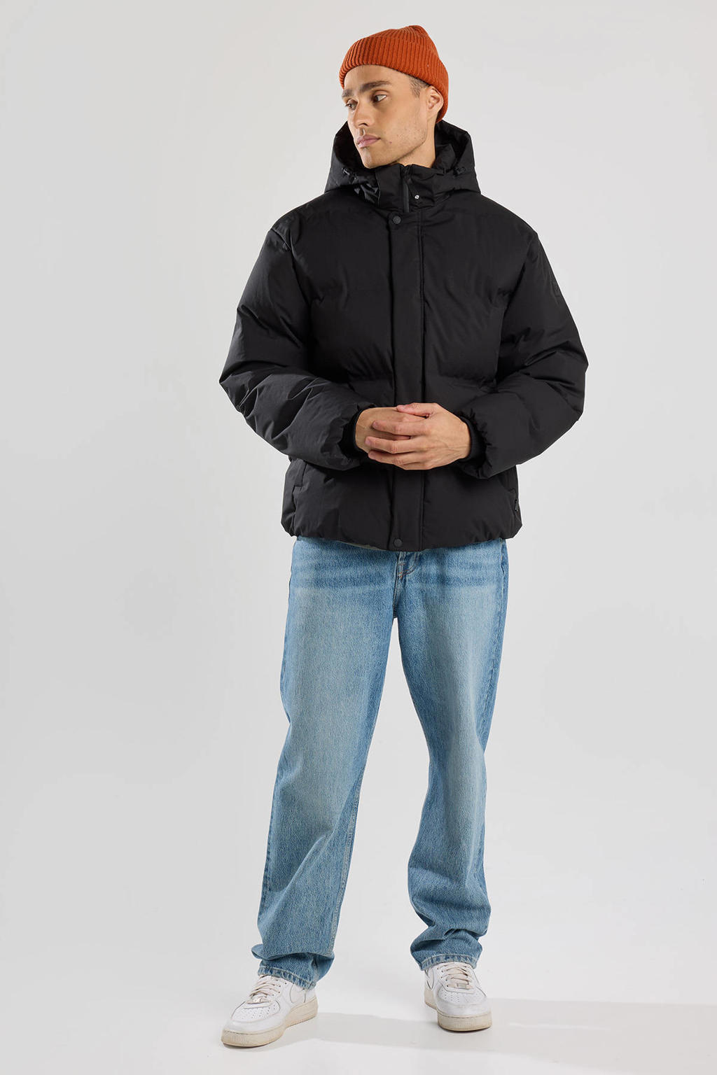 Zwarte heren America Today gewatteerde winterjas van polyester met effen, lange mouwen, capuchon en rits- en knoopsluiting