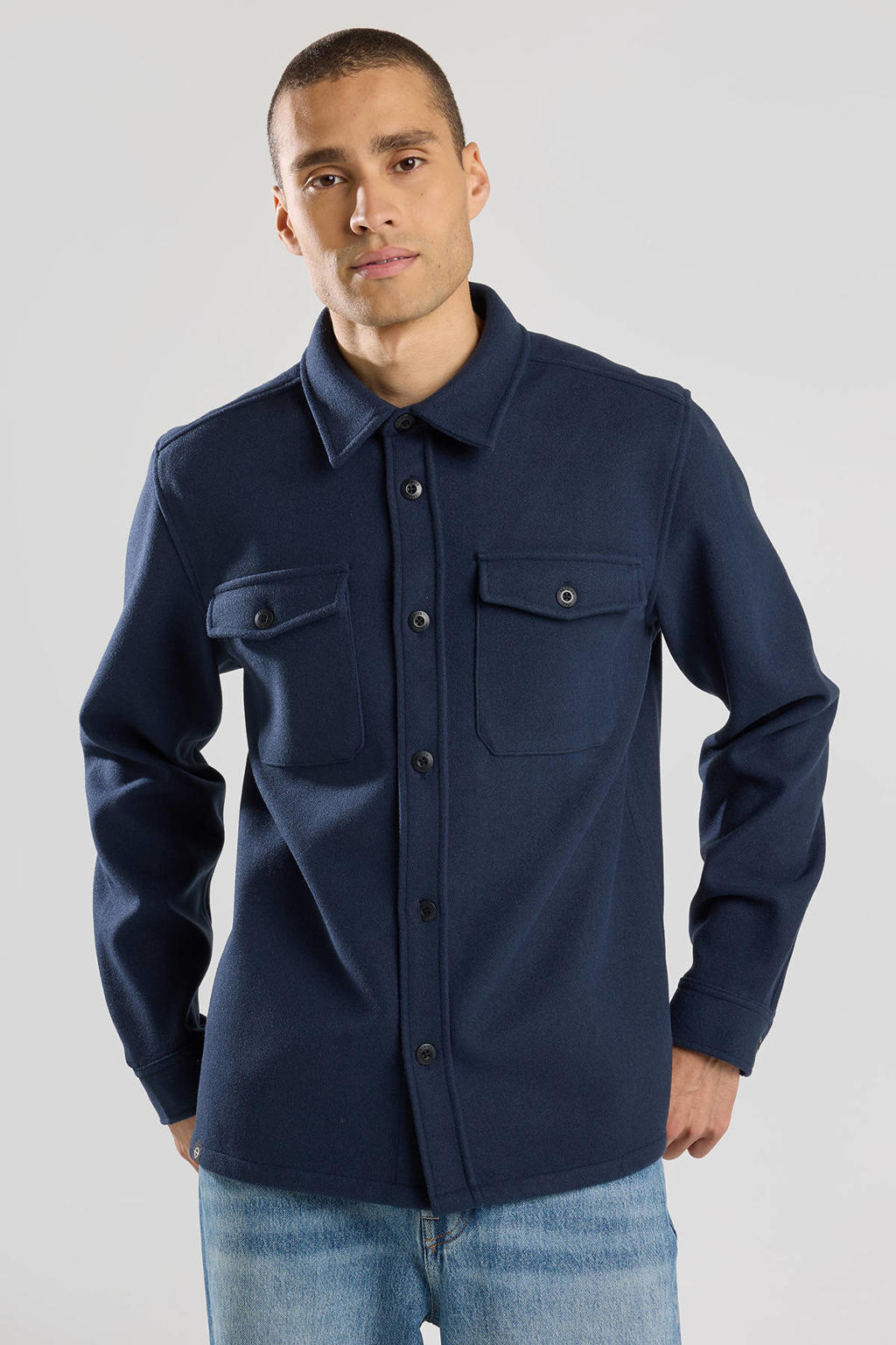 Blauwe heren America Today overshirt van polyester met effen, lange mouwen, klassieke kraag en knoopsluiting
