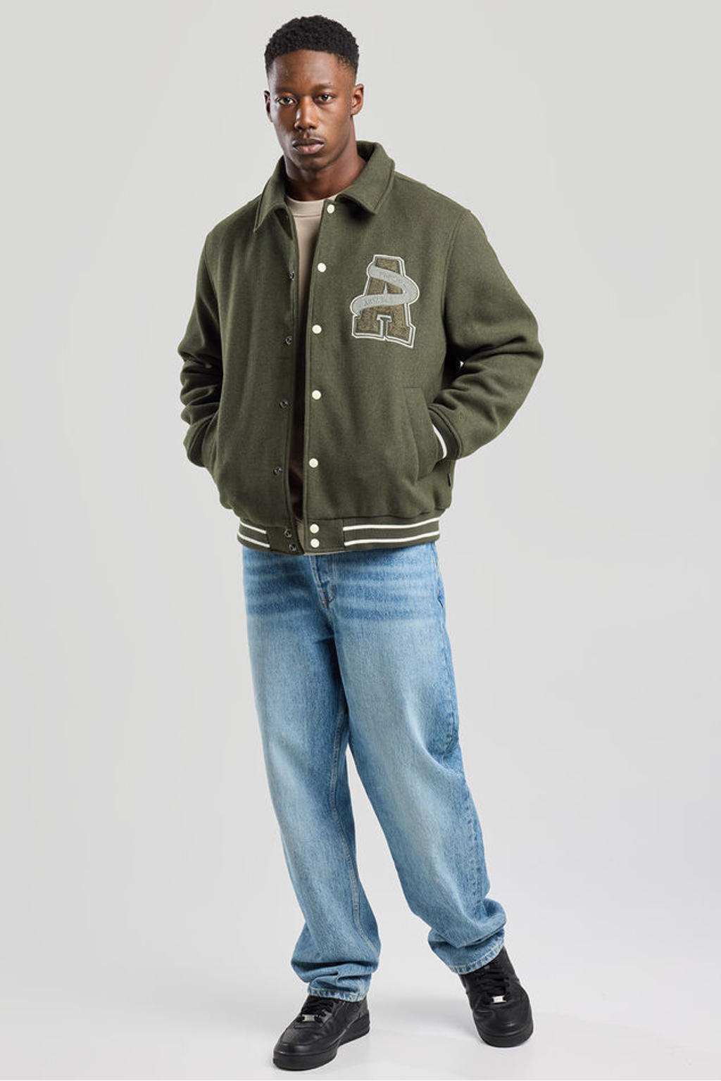 Groen en grey heren America Today bomberjack van polyester met printopdruk, lange mouwen, klassieke kraag en drukknoopsluiting
