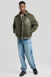 thumbnail: Groen en grey heren America Today bomberjack van polyester met printopdruk, lange mouwen, klassieke kraag en drukknoopsluiting