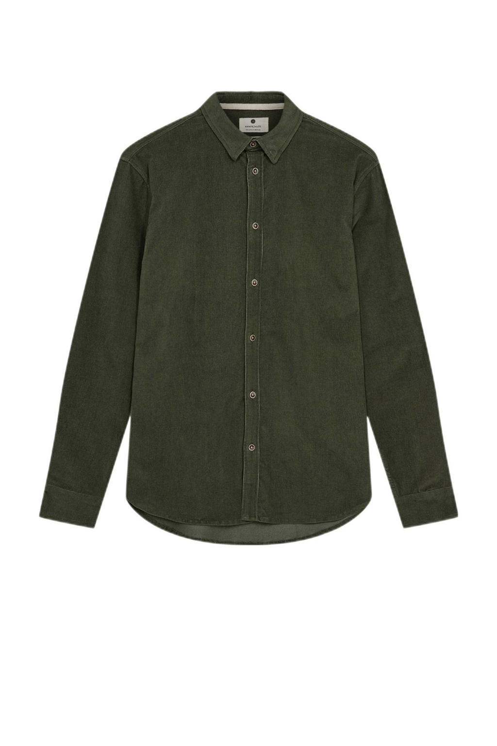 Donkergroene heren Anerkjendt casual overhemd van corduroy met effen, lange mouwen, klassieke kraag en knoopsluiting