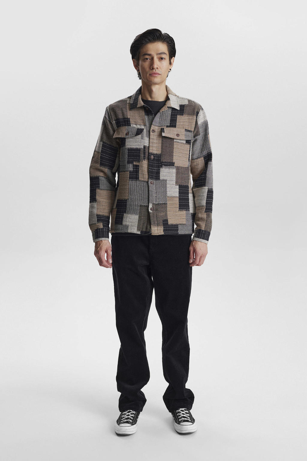 Bruine heren Anerkjendt overshirt van katoen met meerkleurige print, lange mouwen, klassieke kraag en knoopsluiting
