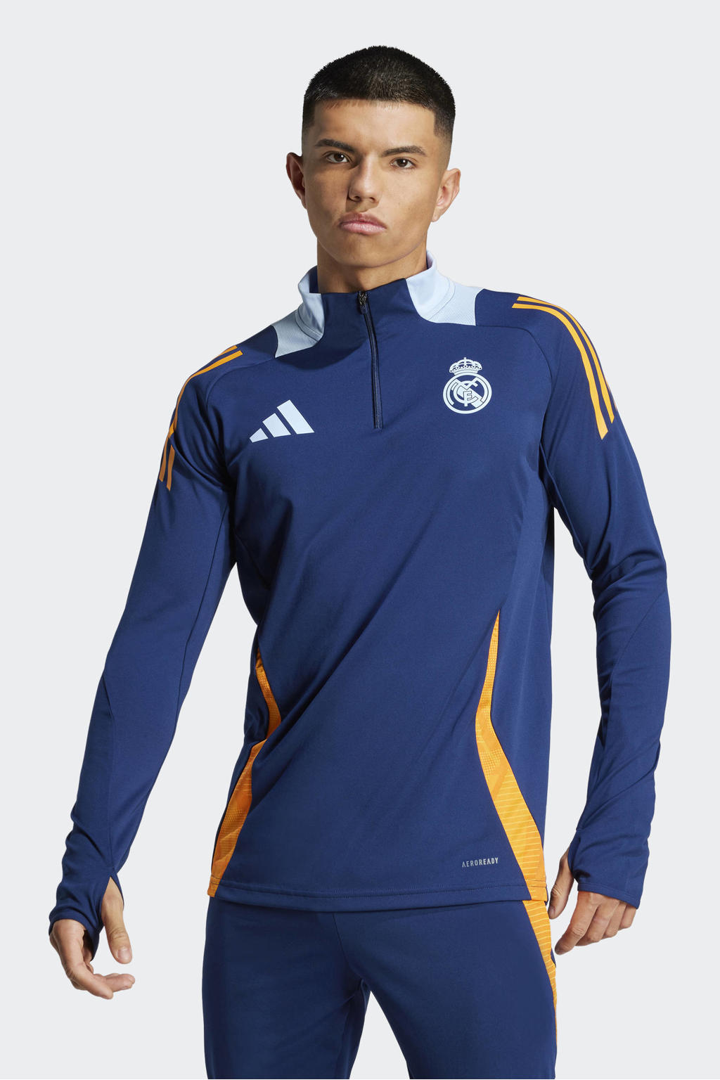 Blauwe heren adidas Performance Senior Real Madrid voetbalshirt van polyester met lange mouwen, opstaande kraag en halve rits