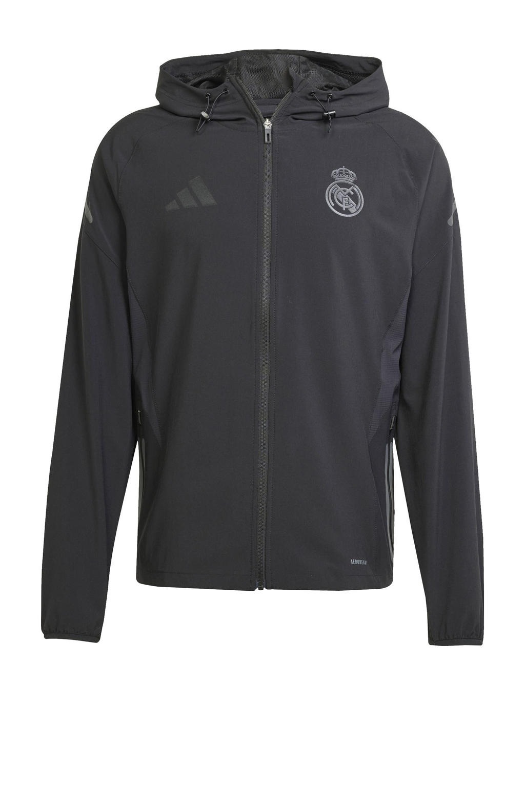 Zwarte heren adidas Performance Senior Real Madrid voetbalvest van polyester met lange mouwen, capuchon en ritssluiting