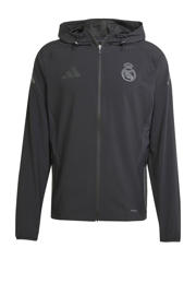 thumbnail: Zwarte heren adidas Performance Senior Real Madrid voetbalvest van polyester met lange mouwen, capuchon en ritssluiting