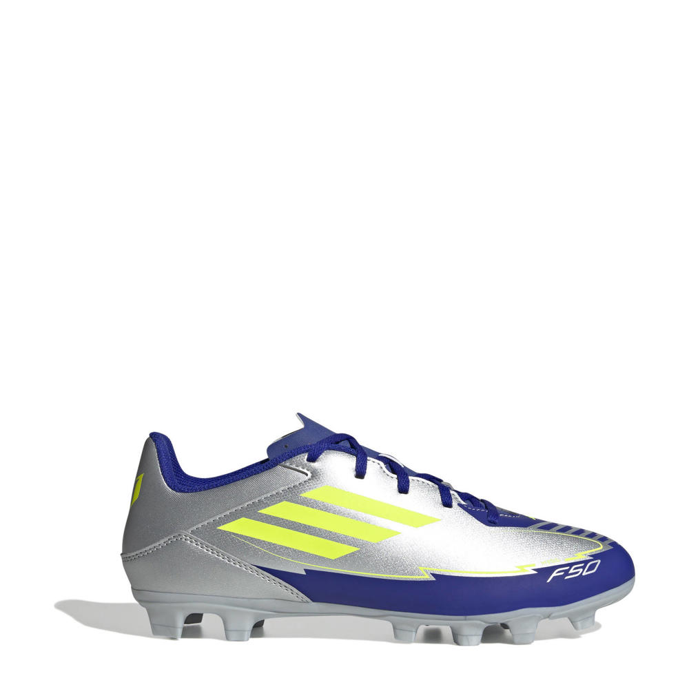 Zilver, metallic, kobaltblauw en gele unisex adidas Performance F50 Club Messi senior voetbalschoenen van pu/voering: mesh/voetbed: eva