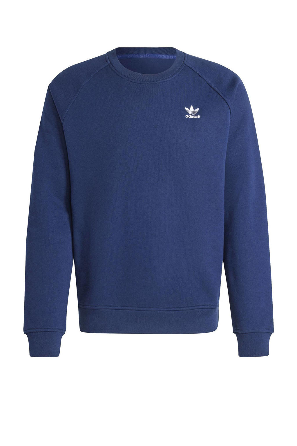 Donkerblauwe heren adidas Originals sweater Trefoil van fleece met logo dessin, lange mouwen en ronde hals