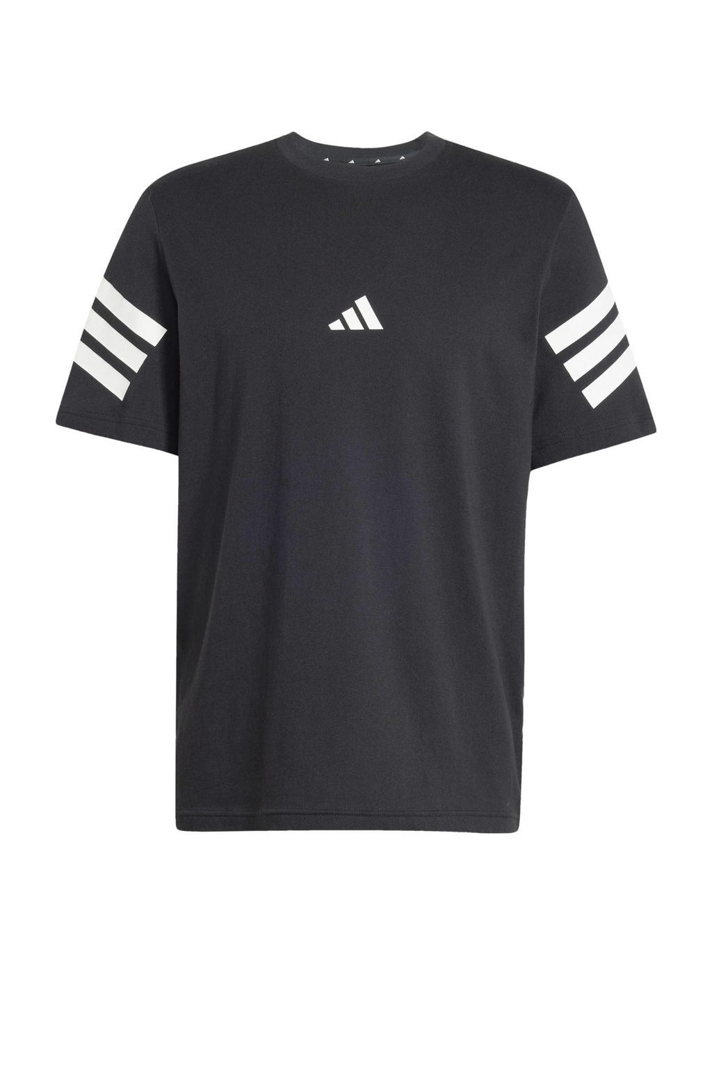 Zwarte heren adidas Sportswear T-shirt van katoen met meerkleurige print, korte mouwen, ronde hals en ritssluiting