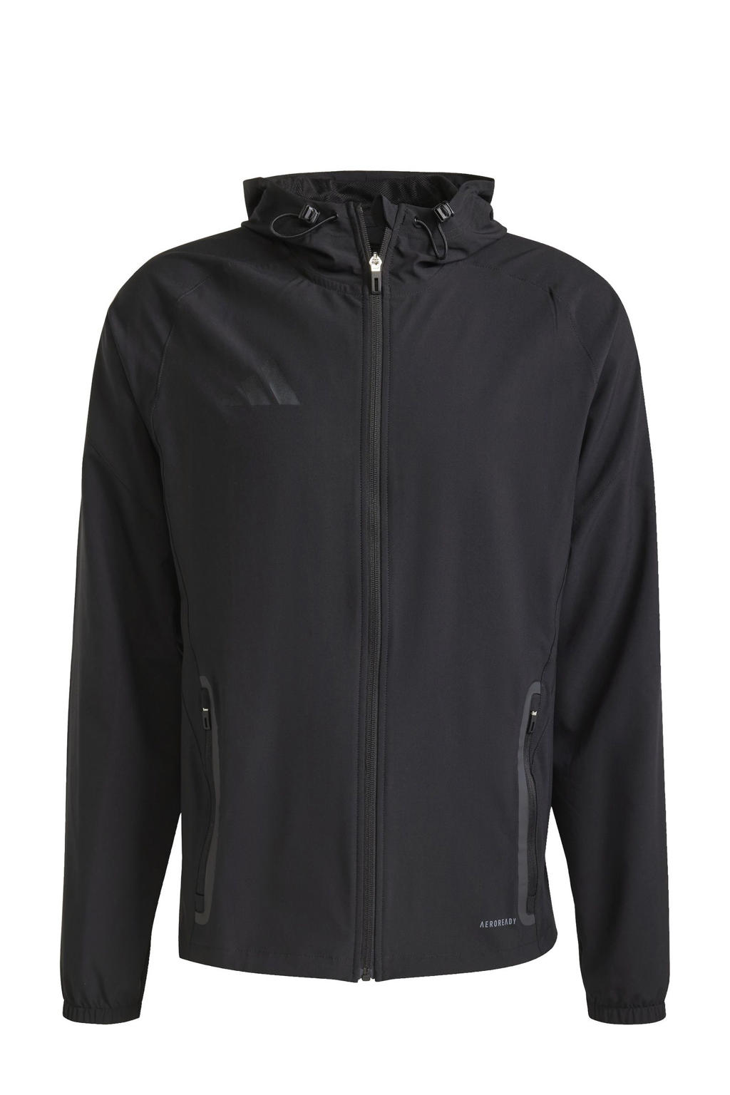 Zwarte heren adidas Performance sportvest Tiro 25C van polyester met effen, lange mouwen, capuchon en ritssluiting