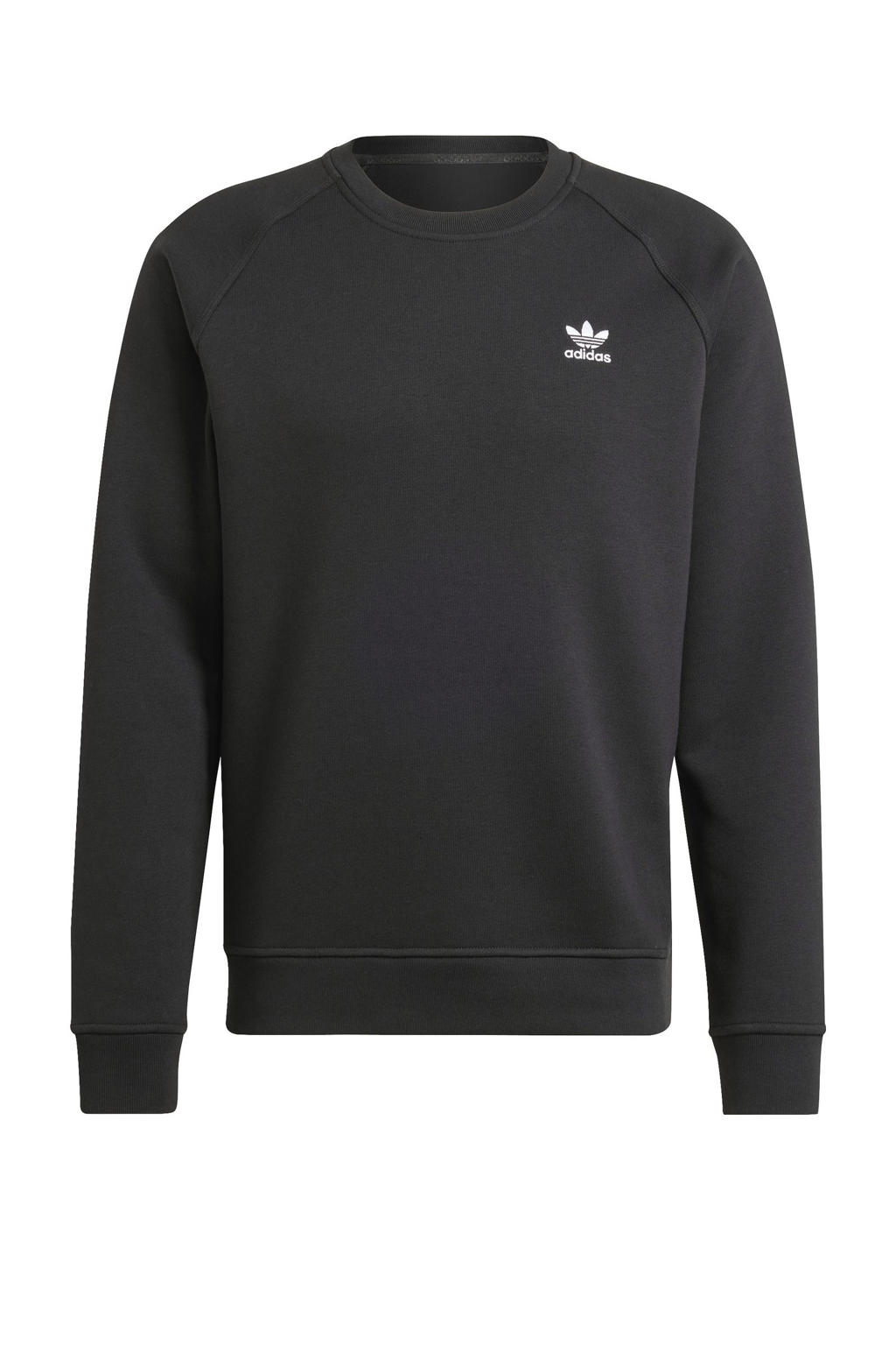 Zwarte heren adidas Originals Trefoil Essentials sweater van fleece met logo dessin, lange mouwen en ronde hals