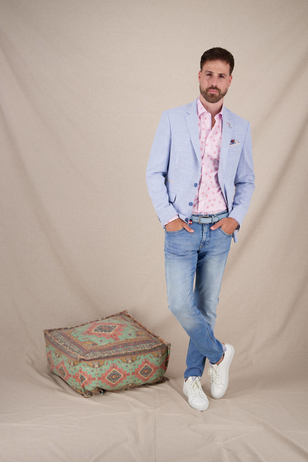 Lichtblauwe heren A fish named Fred regular fit colbert van polyester met effen, reverskraag en knoopsluiting