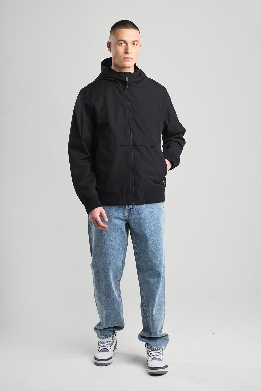 Zwarte heren America Today zomerjas van polyester met effen, lange mouwen, capuchon en ritssluiting