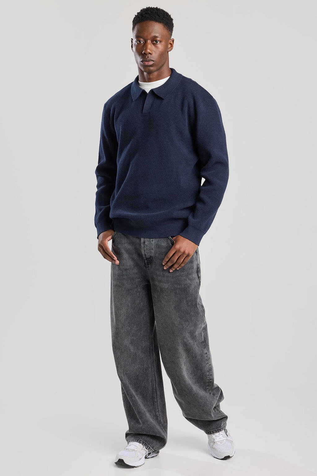 Blauwe heren America Today gebreide trui van polyester met effen, lange mouwen en V-hals
