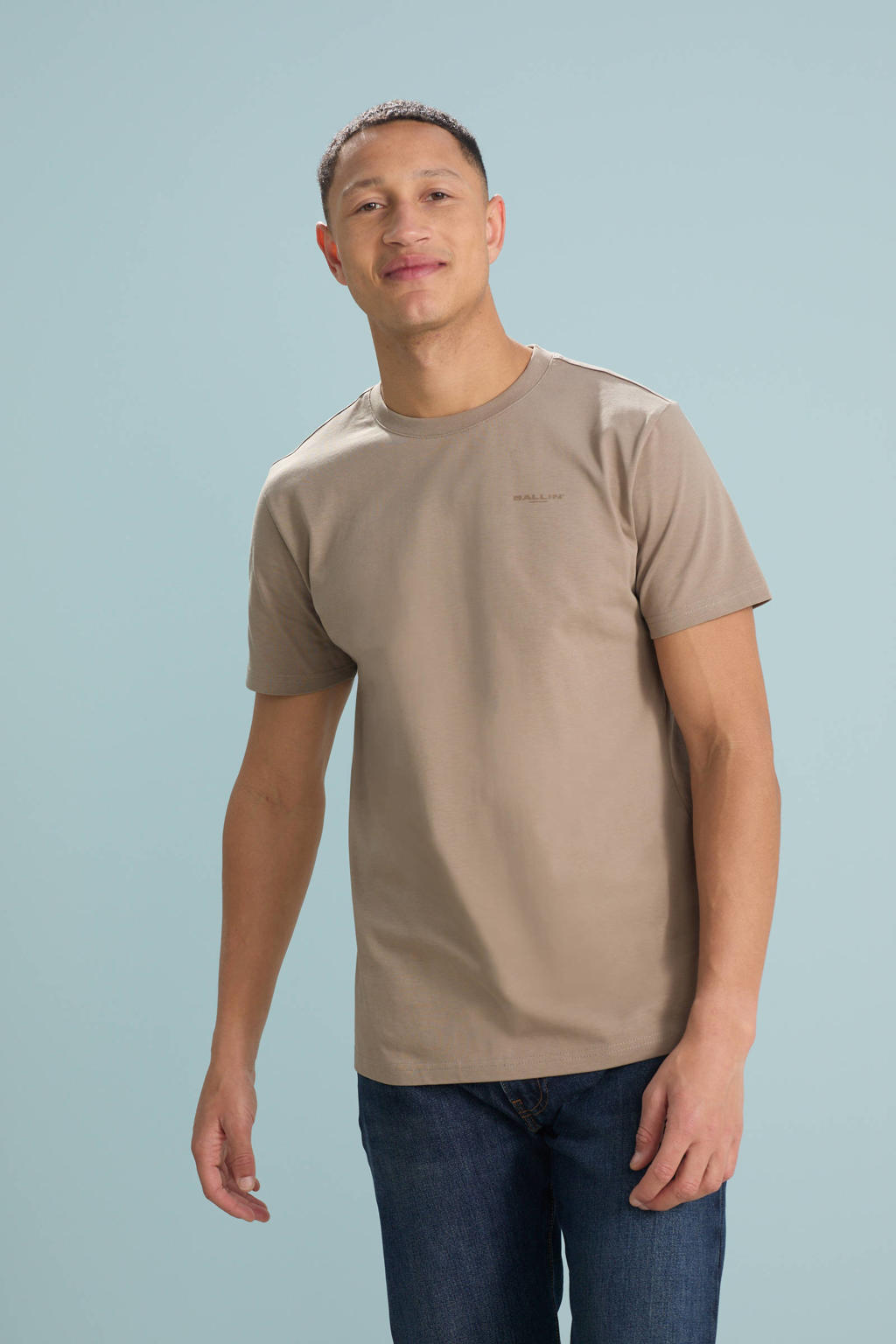 Taupe heren Ballin T-shirt van katoen met backprint, korte mouwen en ronde hals