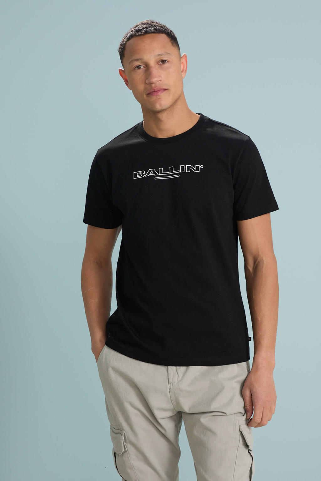 Zwarte heren Ballin T-shirt van katoen met logo dessin, korte mouwen en ronde hals