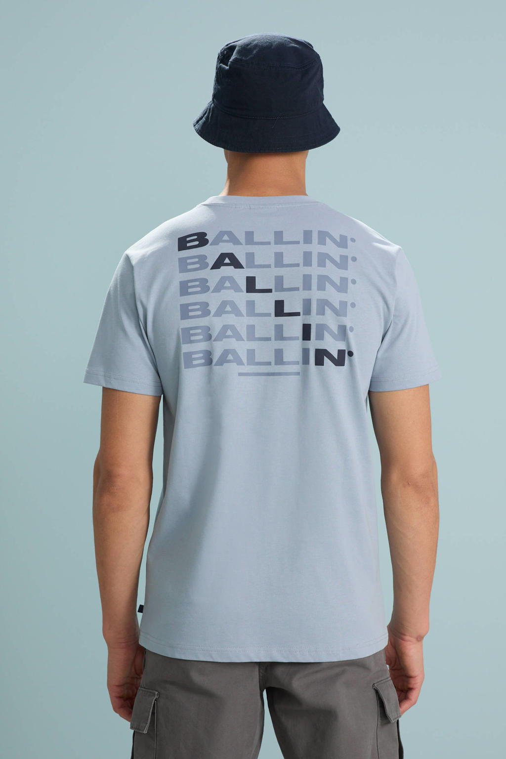 Lichtblauwe heren Ballin T-shirt van katoen met backprint, korte mouwen en ronde hals