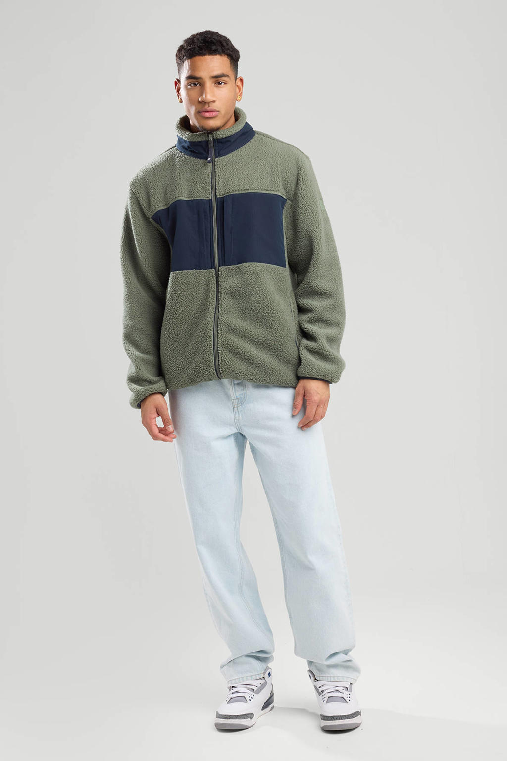 Groene heren America Today fleecevest van polyester met effen, lange mouwen, opstaande kraag en ritssluiting