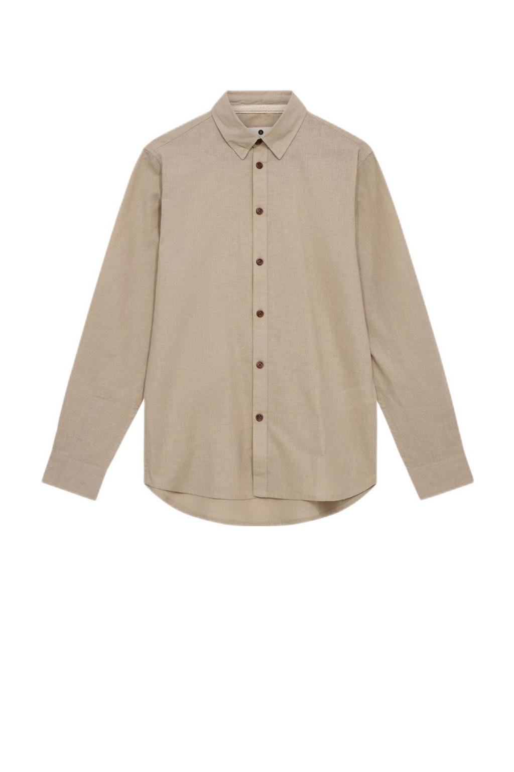 Beige heren Anerkjendt linnen casual overhemd met effen, lange mouwen, klassieke kraag en knoopsluiting