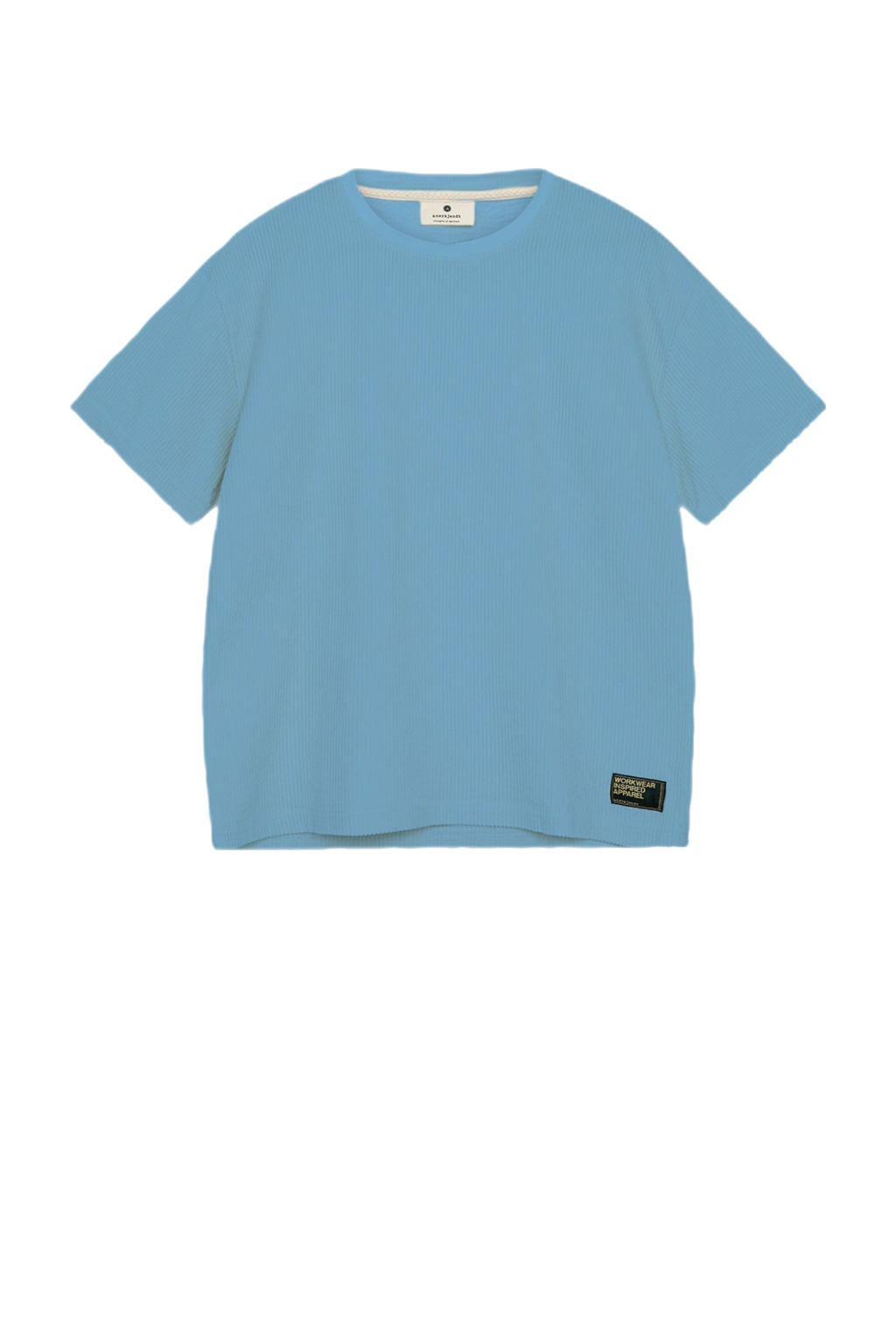 Blauwe heren Anerkjendt T-shirt van corduroy met effen, korte mouwen en ronde hals