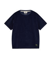thumbnail: Donkerblauwe heren Anerkjendt T-shirt van corduroy met effen, korte mouwen en ronde hals