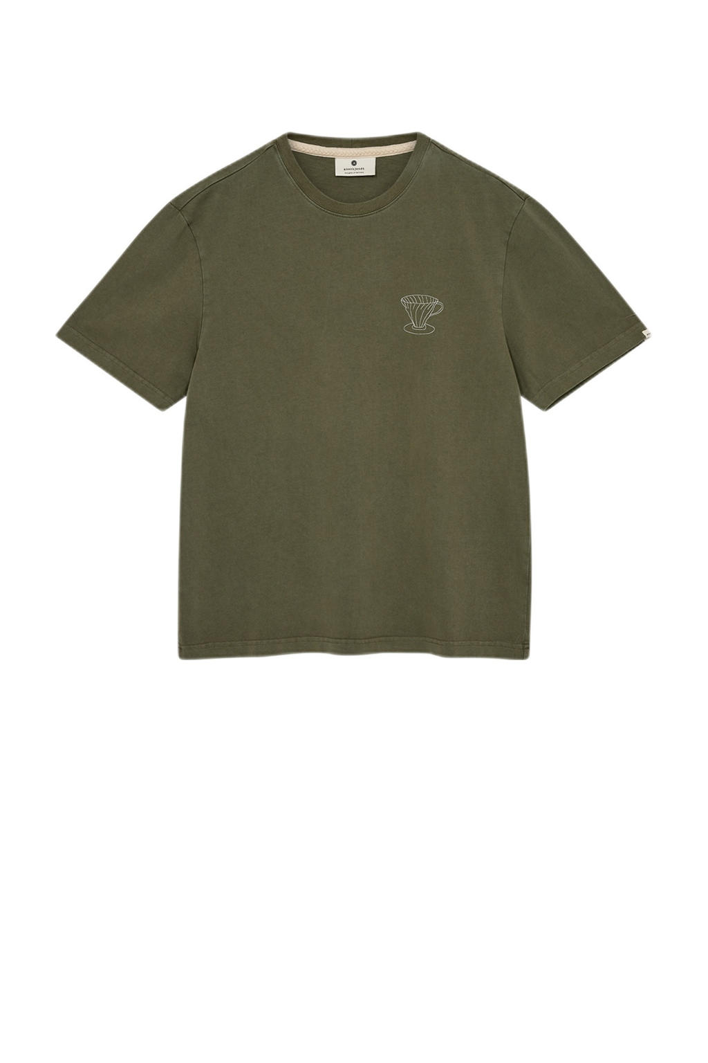 Olijfgroene heren Anerkjendt T-shirt van katoen met backprint, korte mouwen en ronde hals
