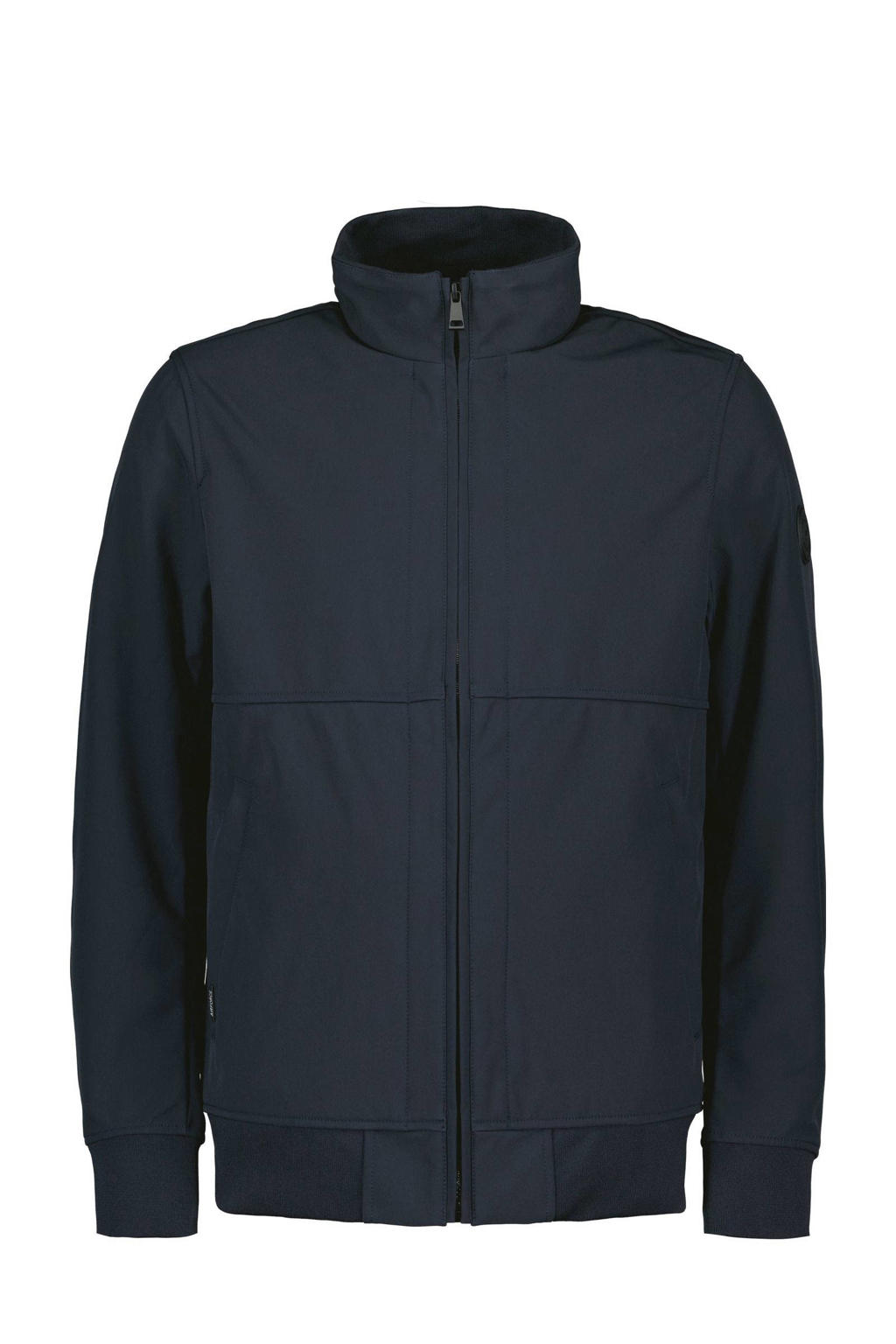 Donkerblauwe heren Airforce softshell jas met effen, lange mouwen, opstaande kraag, ritssluiting en geribde boorden