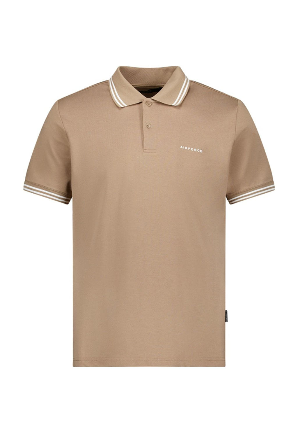 Lichtbruine heren Airforce polo van katoen met effen, korte mouwen, klassieke kraag en knoopsluiting