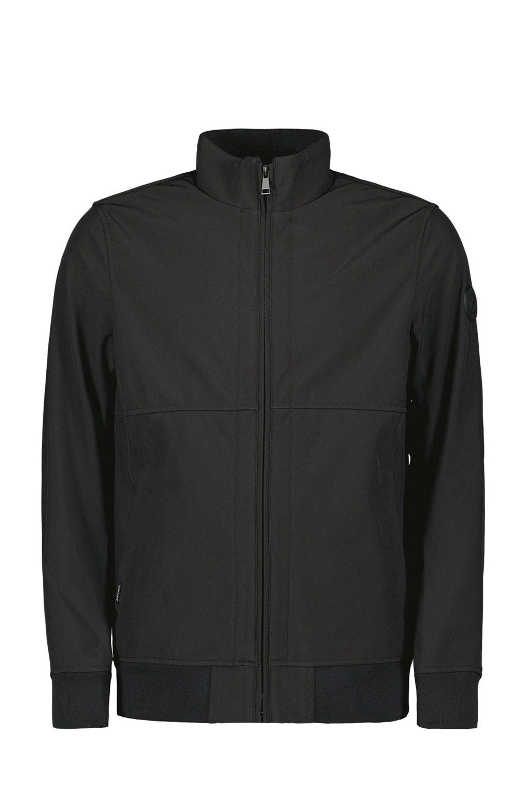Zwarte heren Airforce softshell jas met effen, lange mouwen, opstaande kraag, ritssluiting en geribde boorden