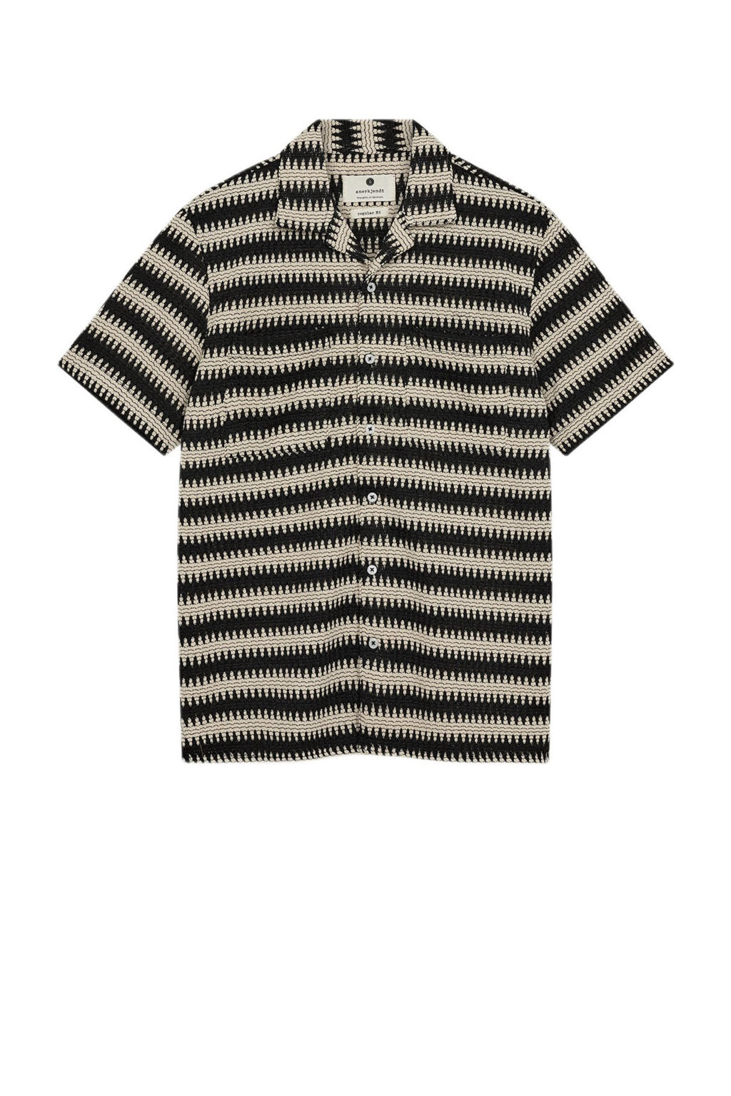 Beige heren Anerkjendt casual overhemd van katoen met strepenprint, korte mouwen, reverskraag, knoopsluiting en crochet