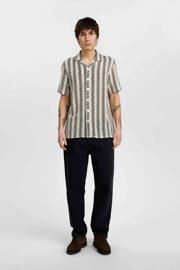 thumbnail: Beige heren Anerkjendt casual overhemd van katoen met korte mouwen, reverskraag, knoopsluiting en jacquard