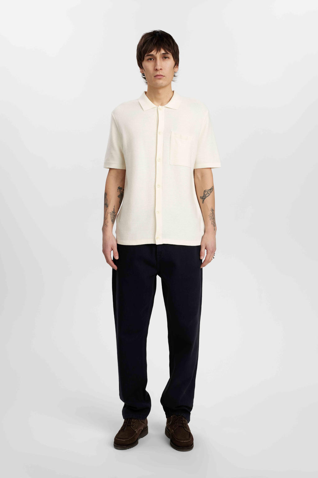 Beige heren Anerkjendt casual overhemd rib gebreid van katoen met effen, korte mouwen, klassieke kraag en knoopsluiting