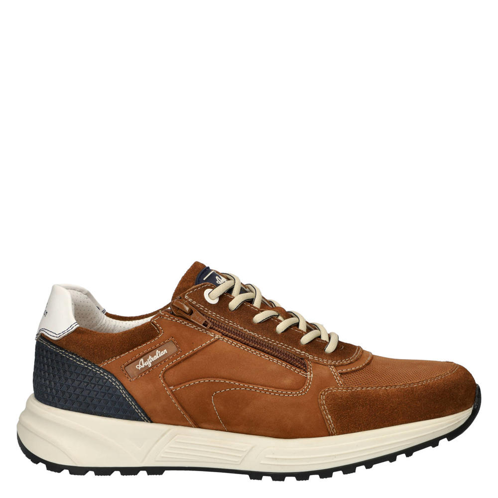 Cognackleurige heren Australian Discover leren sneakers van nubuck met rits- en vetersluiting