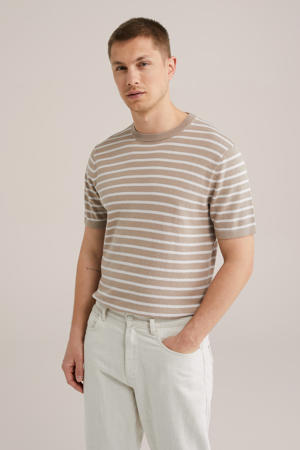 regular fit t-shirt met linnen fijn gebreid lichtbruin