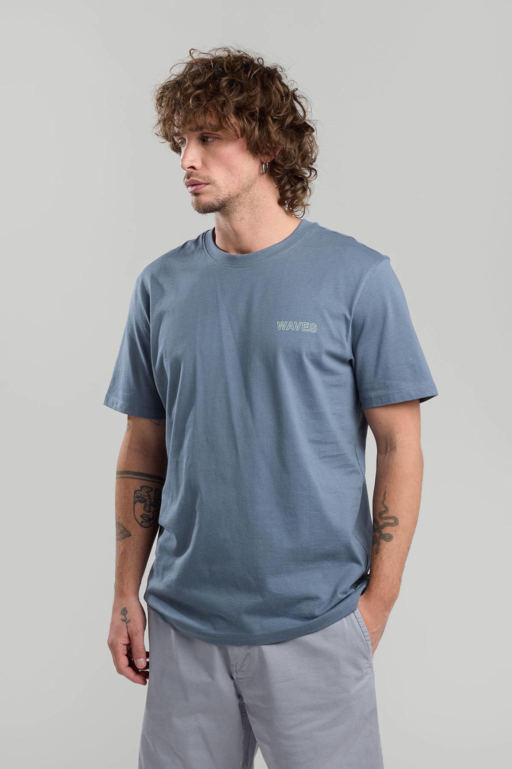 Grijze heren America Today T-shirt van katoen met backprint, korte mouwen en ronde hals