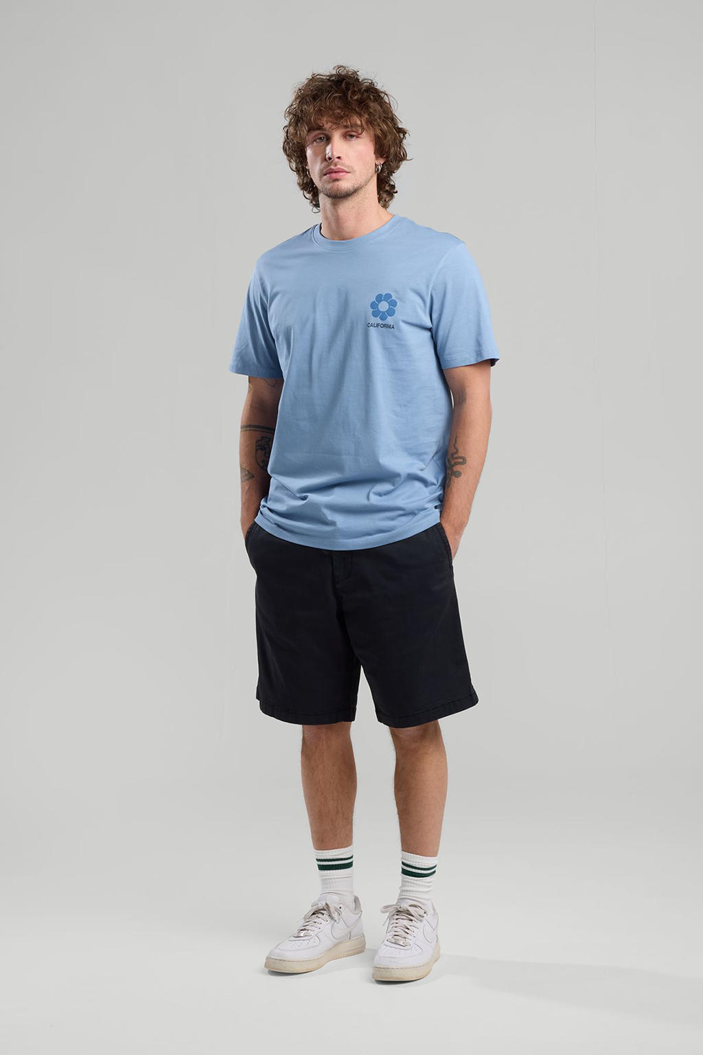 Blauwe heren America Today T-shirt van katoen met backprint, korte mouwen en ronde hals