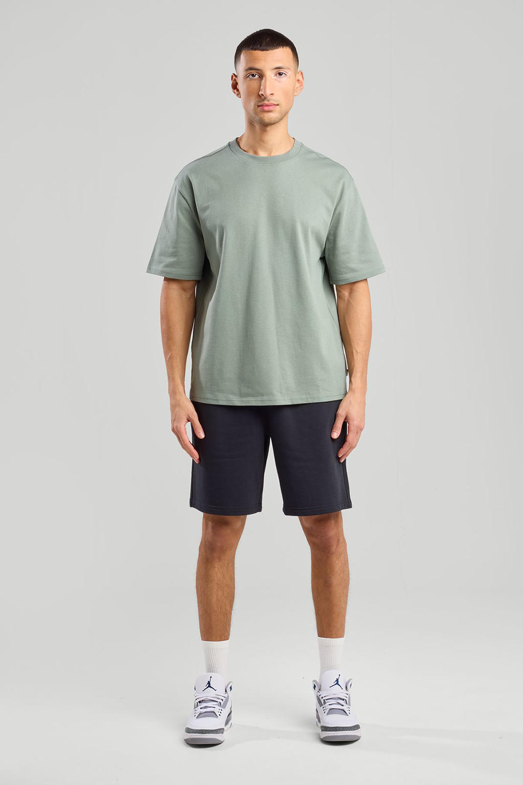Grijsgroene heren America Today T-shirt van katoen met effen, korte mouwen en ronde hals