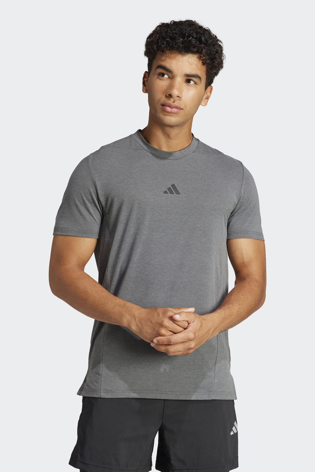 Grijze heren adidas Performance sportshirt van polyester met logo dessin, korte mouwen en ronde hals