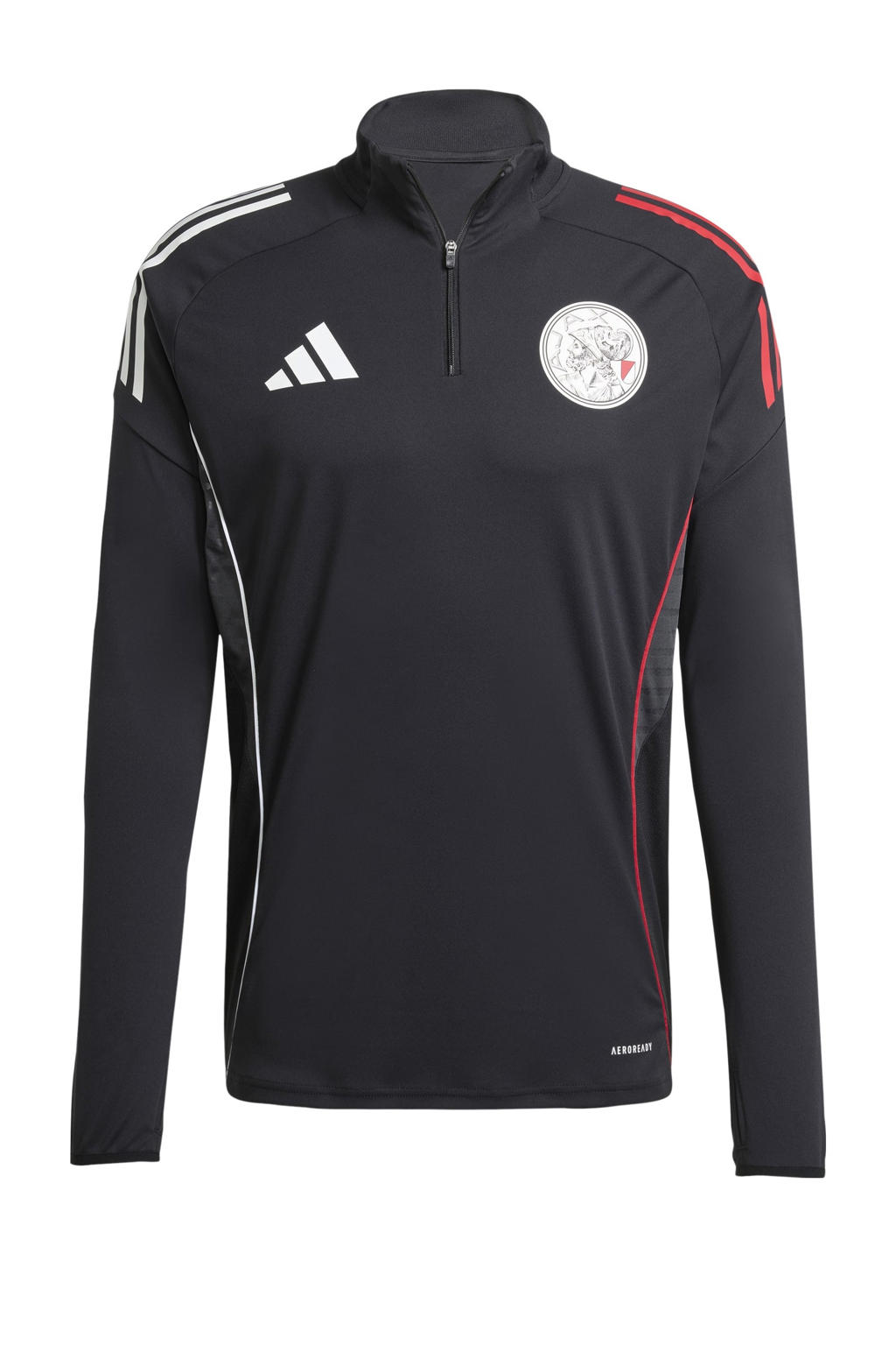 Zwart, wit en rode heren adidas Performance senior Ajax Amsterdam voetbalshirt van polyester met logo dessin, lange mouwen, opstaande kraag en ritssluiting