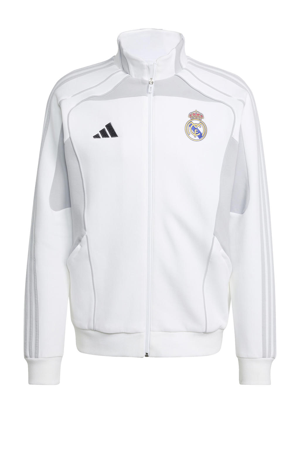 Wit en grijze heren adidas Performance Senior Real Madrid sportvest van polyester met lange mouwen, opstaande kraag en ritssluiting