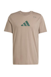 thumbnail: Beige en groene heren adidas Performance sportshirt van katoen met korte mouwen en ronde hals