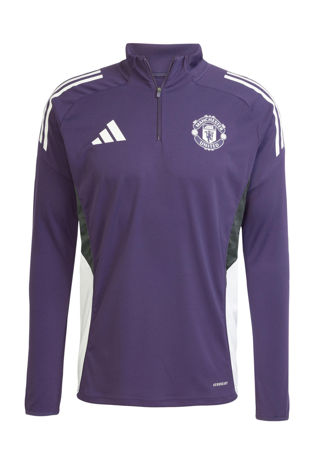 Paars en witte heren adidas Performance Senior Manchester United voetbalshirt van polyester met lange mouwen, opstaande kraag en halve rits