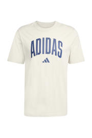 thumbnail: Ecru en donkerblauwe heren adidas Sportswear T-shirt van katoen met printopdruk, korte mouwen en ronde hals