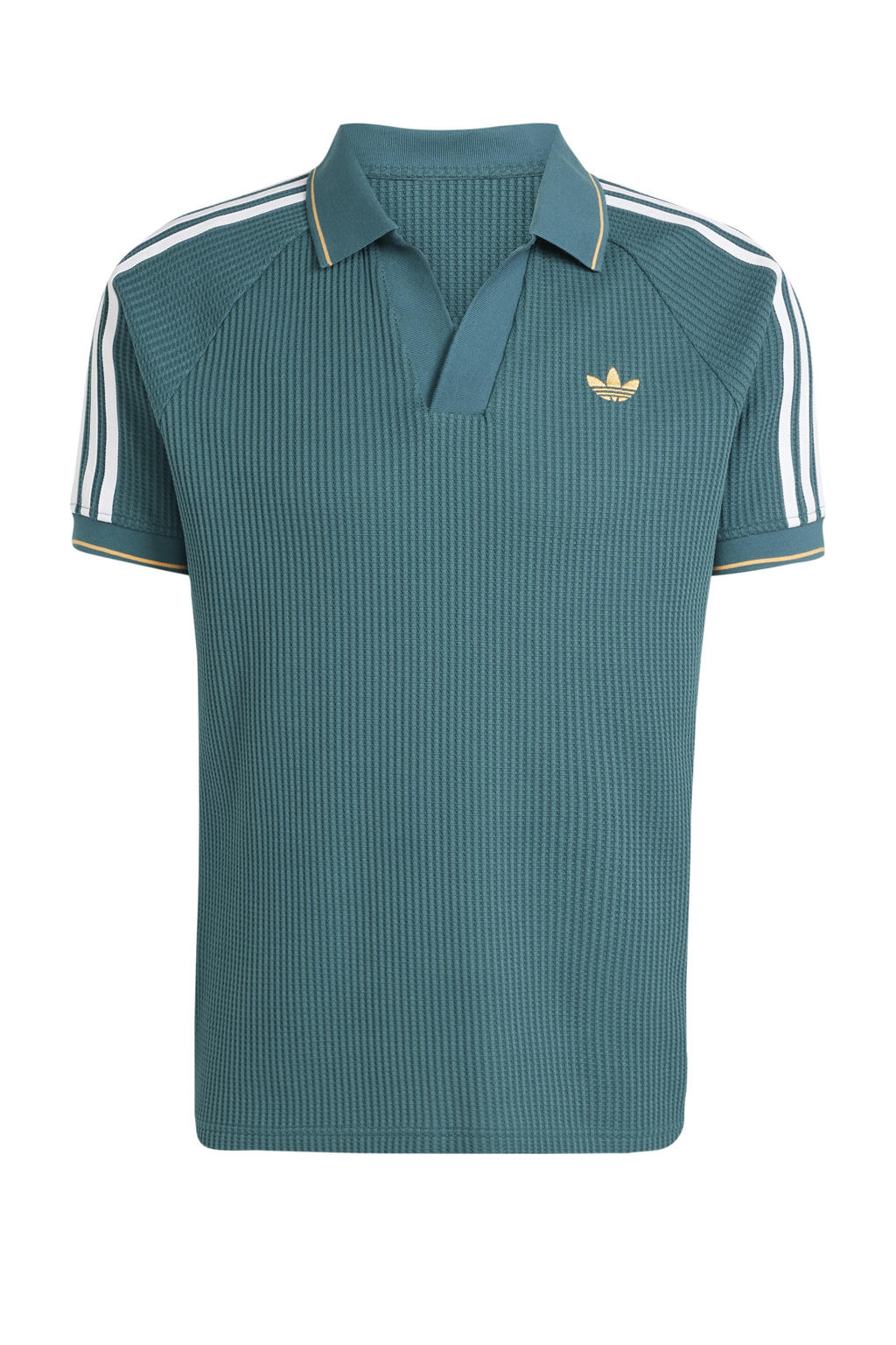 Grijsblauwe heren adidas Originals Waffle Knit polo met strepenprint, korte mouwen en klassieke kraag