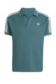 thumbnail: Grijsblauwe heren adidas Originals Waffle Knit polo met strepenprint, korte mouwen en klassieke kraag