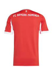 thumbnail: Rood en witte heren adidas Performance senior FC Bayern München voetbalshirt van polyester met logo dessin, korte mouwen en V-hals